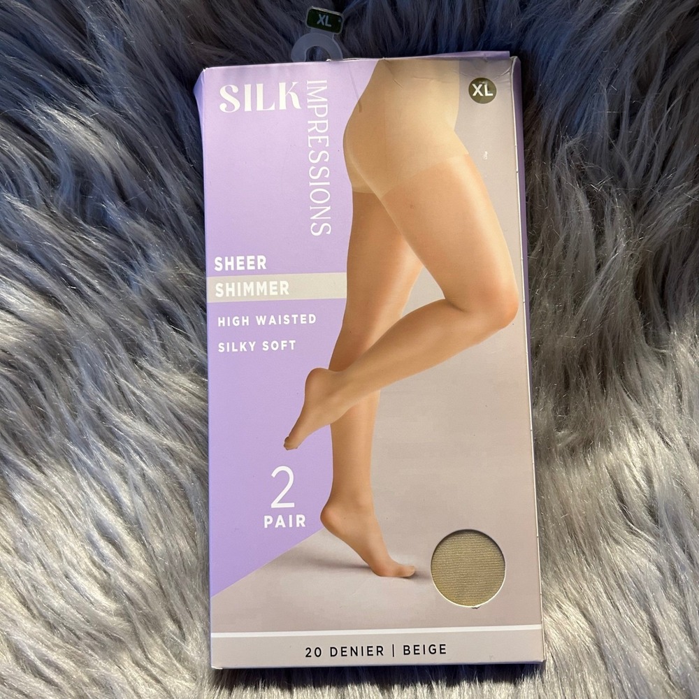 Silk Impressions Sheer Shimmer Tights Womens Size XL Beige High Waist Silky Soft
